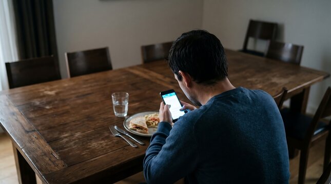 Man sitting at a large wooden dining table uses his smartphone while eating a meal in a dimly lit room.