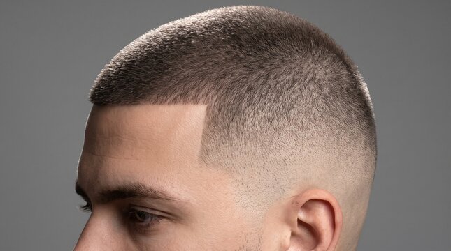 Buzz cut hairstyle for men, close-up of a professional fade haircut, male grooming and barbershop style on gray background