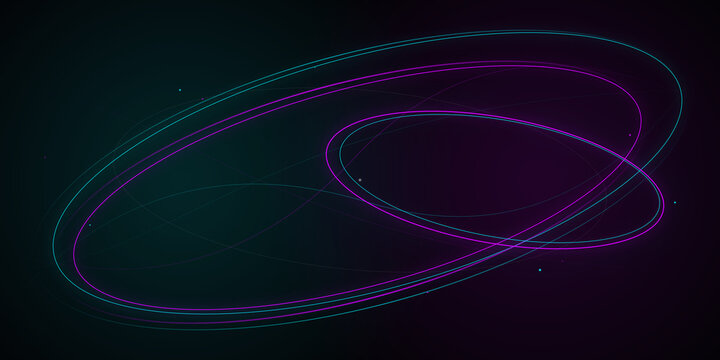 Abstract neon glowing elliptical orbits in motion on transparent background
