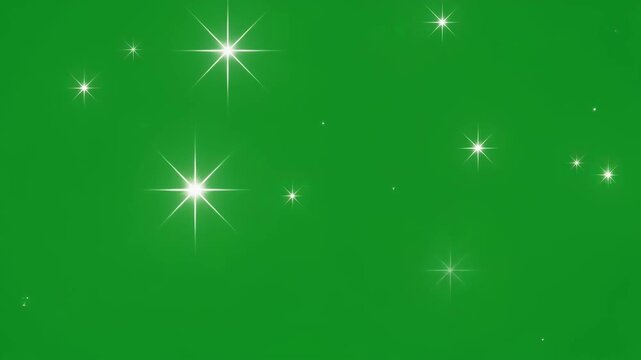 Shining white sparkling stars and twinkling light flares on isolated chroma key green screen background for video motion graphics editing