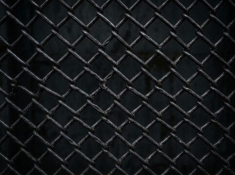 Chain link fence with a dark wire mesh design creates a repetitive diamond pattern.