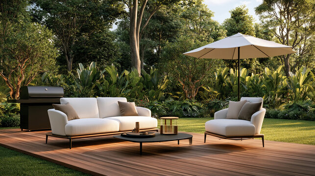 Outdoor seating area set in a garden with grill, table, and umbrella during sunny day