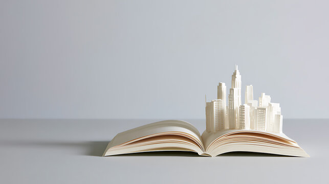 Creative paper art popup book showing a miniature white city skyline with modern skyscrapers emerging from open pages in a clean studio