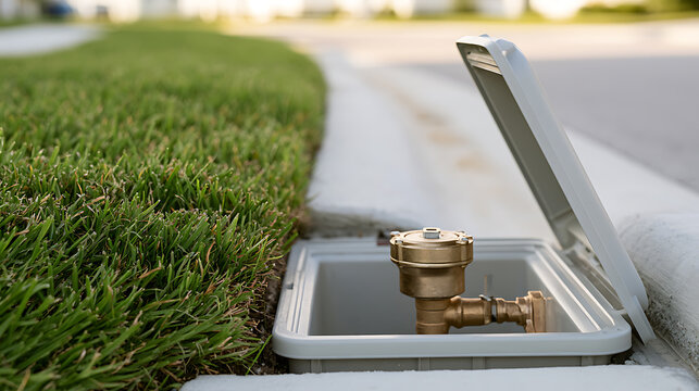 Irrigation system valve box open with brass backflow preventer mechanism inside near green grass turf in residential suburban front yard