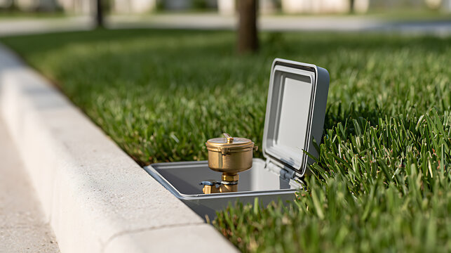 Open irrigation valve box with brass backflow preventer mechanism installed in green lawn near concrete curb in residential suburb area