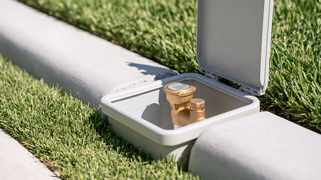 Water valve box with open lid and brass backflow preventer device installed near concrete curb and green grass lawn in suburban landscape
