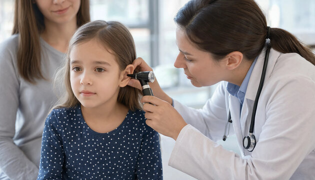Pediatrician doctor using otoscope to check ear of young girl child with mother sitting nearby in clinic ear examination child patient medical clinic doctor checkup pediatric care