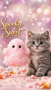 Cute gray kitten interacting with pink cotton candy ghost prop against a glittery bokeh backdrop, playful kitty blinks and turns its head in a sweet scene.