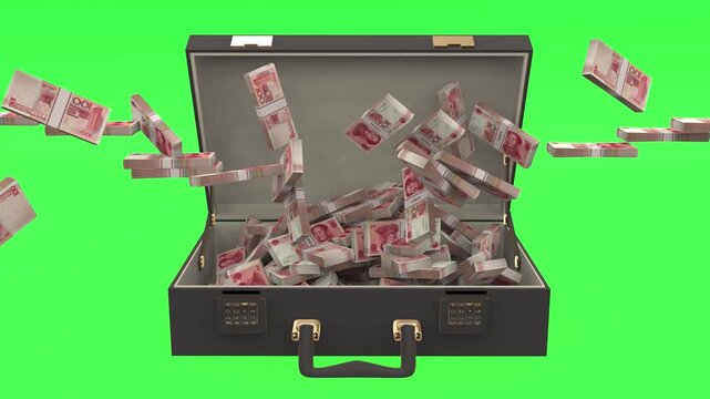 Chinese yuan renminbi banknotes flying from all directions into an open briefcase