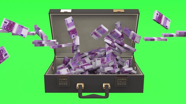Euro banknote bundles flying from all directions into an open briefcase