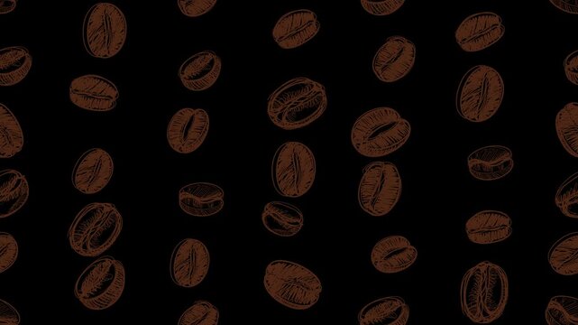 Seamless animation of hand-drawn coffee beans falling on a black background for cafe video loop