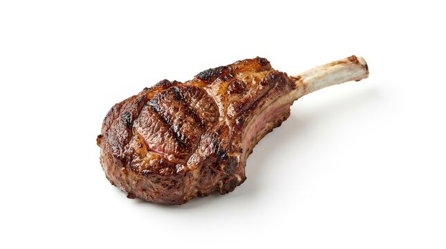 Grilled lamb chop with bone, juicy roasted mutton rib with char marks, gourmet cooked meat cutlet isolated on white background
