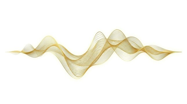 Golden abstract wave lines on white background, elegant gold soundwave illustration, flowing metallic ribbon curves for luxury branding