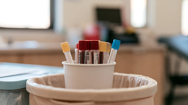 Medical blood test sample tubes discard inside waste container in clinic laboratory room during healthcare diagnostic procedure process