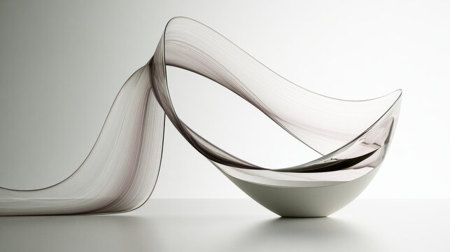 A single translucent ribbon sweeps and folds into a shallow bowl form, rendered in soft grays on a pale seamless studio background. Clean minimal design background with copy space