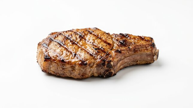 Grilled pork chop with char marks, juicy roasted meat steak on white background, succulent cooked protein for menu design