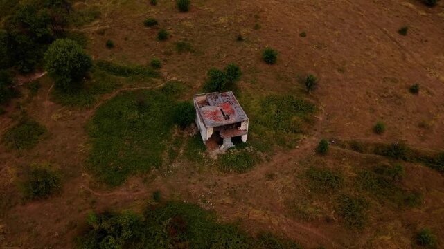 Aerial View of Destroyed War Damaged Abandoned House on Zuc Hill Near Sarajevo Bosnia