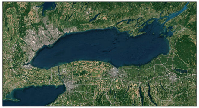Lake Ontario from above, shoreline, rivers and surrounding terrain. Great Lakes geography on the United States and Canada border
