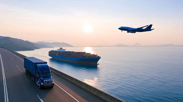Global logistics network concept showing cargo truck on coastal highway container ship on ocean and commercial airplane in sunset sky