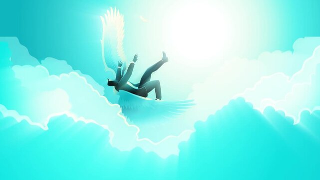 Risk, ambition and failure, businessman falling from the sky, Icarus metaphor