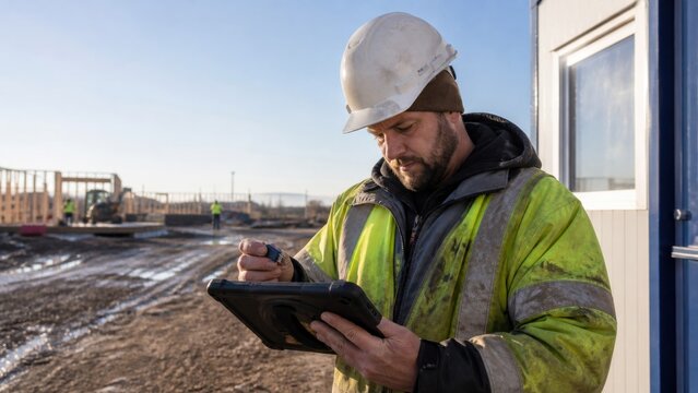 A construction foreman authenticating on a rugged tablet with a hardware token at a muddy building site