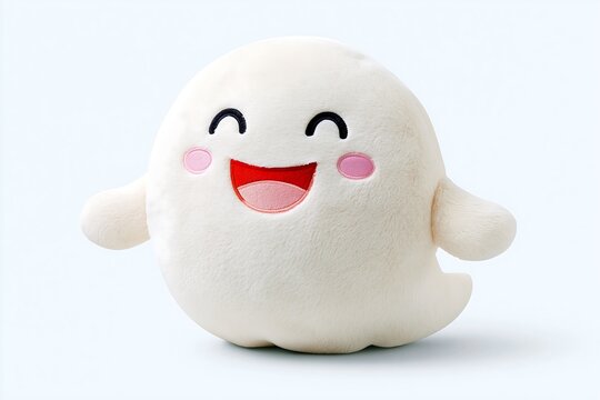 A soft white decorative pillow features a round shape resembling a friendly ghost.