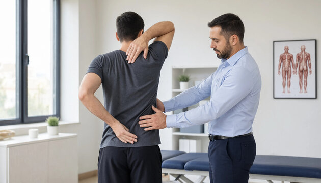 Professional chiropractor examining the back of a young male patient with pain spine health physical therapy medical examination muscle tension back adjustment chiropractic care wellness