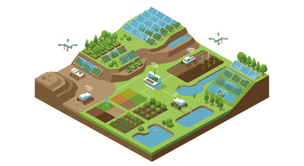Fototapeta premium Isometric farm landscape with fields and buildings.