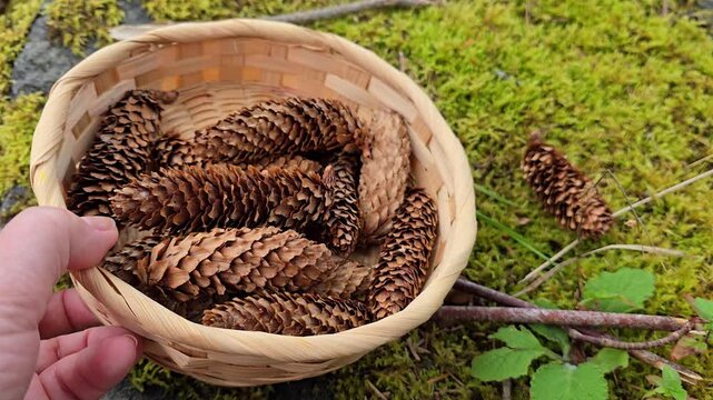 Hand shaking small pine cones in woven straw bowl on moss. Norway, Alver. August
