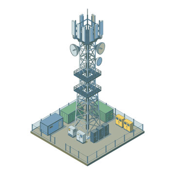 Modern Telecommunications Tower with Antennas and Equipment.