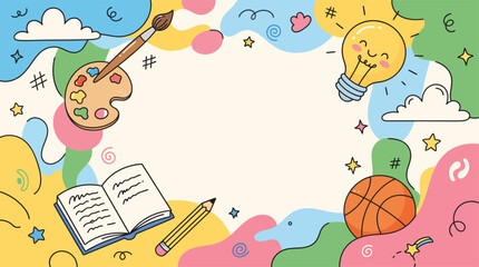 Fototapeta premium Colorful hand-drawn background with school supplies and creative elements