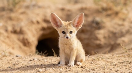 Naklejka premium Fennec Fox in Desert Burrow: A young fennec fox with large ears sits in front of its burrow in a sandy desert, its curious gaze fixed forward.
