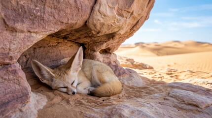 Naklejka premium Fennec Fox Snoozing in Desert Cave: A small fennec fox with its characteristic large ears rests peacefully, curled up inside a rocky crevice, protected from the harsh desert sun.