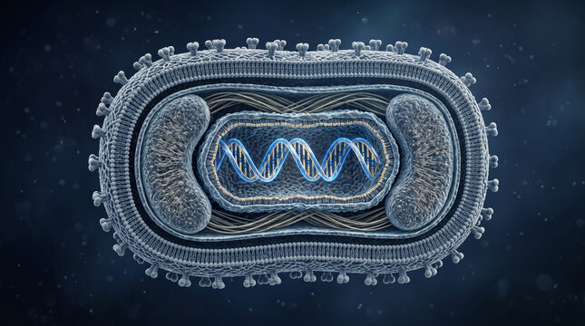 Monkeypox virus, illustration A 3D digital cross-section illustration of an enveloped brick-shaped poxvirus, such as a monkeypox or smallpox virus, floating against a dark blue background