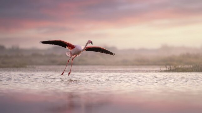 Flamingo in Flight at Sunrise: A solitary flamingo with its wings outstretched takes flight over a tranquil lake during the soft hues of dawn, embodying grace and serenity.