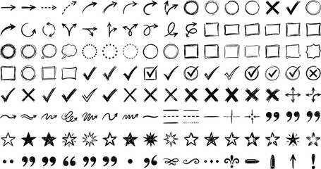 Fototapeta premium Large set of hand drawn graphic design elements arrows checkmarks crosses stars