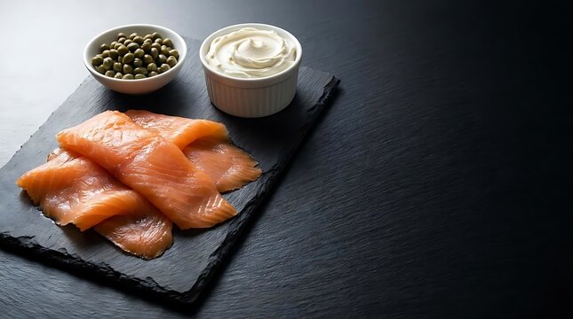 Fresh slices of salmone affumicato arranged on a dark stone slate with a side bowl of capers and creamy sour cream as a gourmet appetizer for dining
