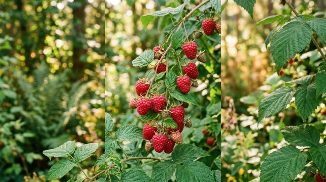 Wild Raspberries Ripening on the Vine: A close-up collage showcasing ripe red raspberries clustered on a branch amidst lush green foliage.