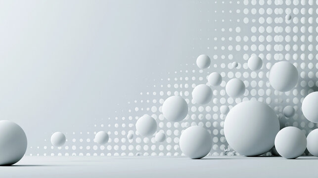 Modern minimalist 3D white spheres on a halftone dot background