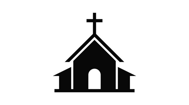 Minimalist church building icon showing a classic chapel structure with a prominent holy cross atop the steep roof as a black silhouette vector graphic design for digital interface web navigation.