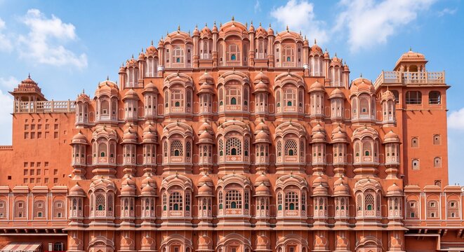 The iconic Hawa Mahal Palace of Winds in Jaipur India featuring its intricate pink sandstone honeycomb facade