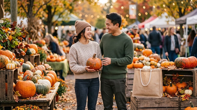 Asian couple browsing pumpkins at an outdoor farmers market. Young man and woman in warm sweaters shopping for autumn harvest vegetables. Fall season lifestyle and Thanksgiving holiday concept