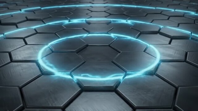 Futuristic Hexagonal Metal Tiles Pulsing with Blue Light Rings 3D Motion Background Loop