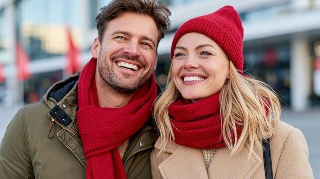 Happy couple wearing red scarves and winter hats smiling outdoors in city street during cold weather season.