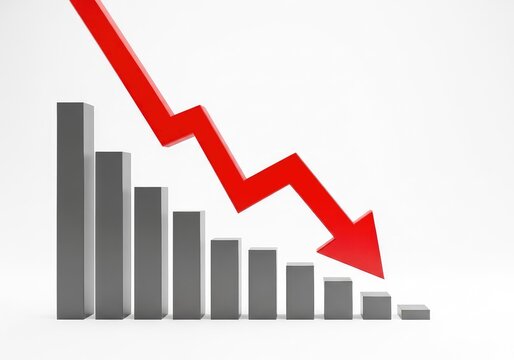 A vibrant red arrow points sharply down over a gray bar chart, symbolizing a significant market crash or economic financial downturn, abstract, currency, information