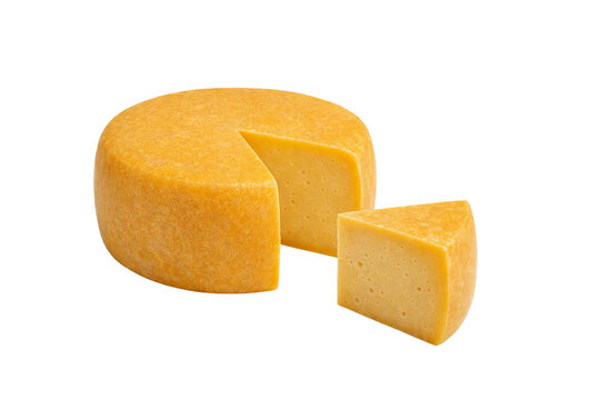 Round cheese wheel with a cut wedge. Isolated on transparent background. Showing smooth texture and small holes. Food packaging, dairy promotions, menus, and culinary design projects.