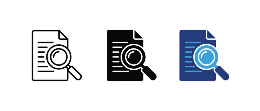 File research magnifying glass icon, document search audit symbol, paper review inspection sign, text investigation scan graphic. Vector illustration