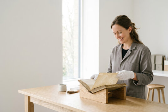 Cultural heritage museum archive professional woman in white gloves digitizing an old manuscript on a book cradle in a bright, airy archive conservation studio. Library science historic preservation