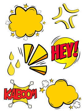 Comic book speech bubbles and action sound effects set on white background