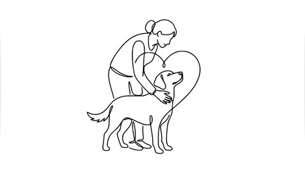 Obraz premium Woman Protecting and Hugging Dog Pet Welfare One Line Vector Illustration